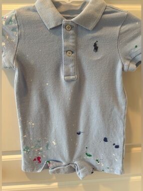 Ralph Lauren Blue Pique Polo Short Playsuit w/ Paint Splatter Design